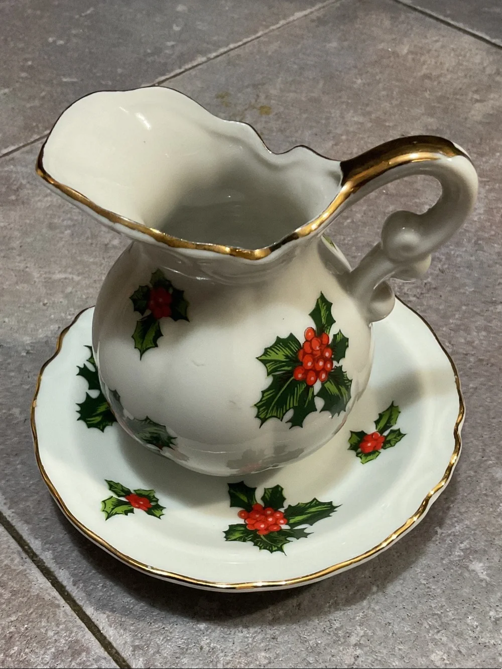 Lefton White Ceramic Pitcher & Saucer with Red Holly Berries and Green Leaves